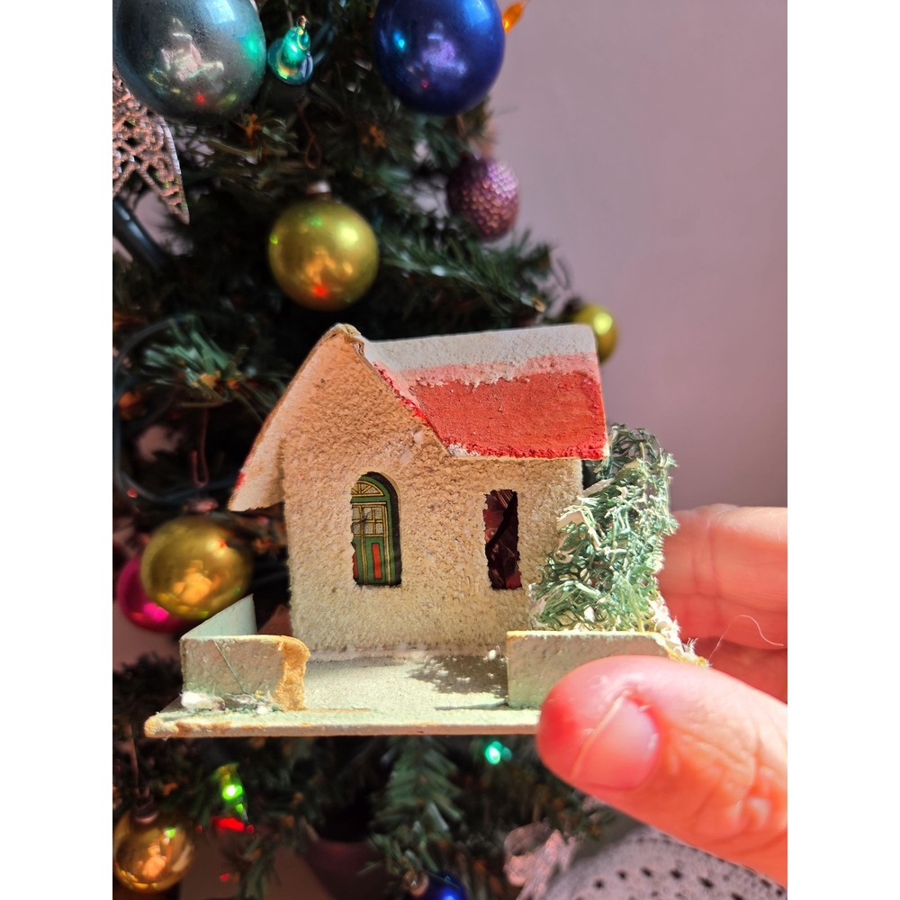 Vintage Christmas Putz House Cardboard Mica Loofah Tree Red Roof